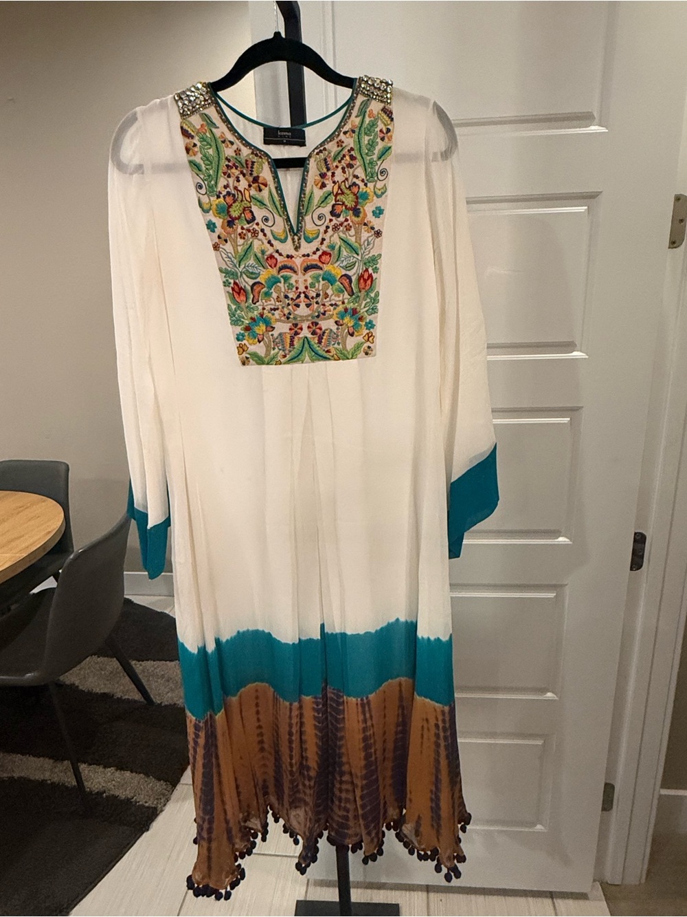 Karma Ivory Maxi Dress with Teal and Tan Accents